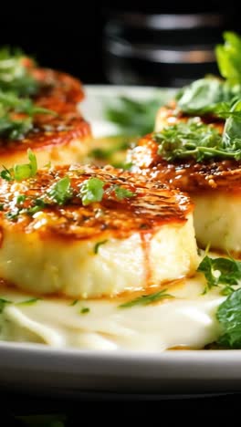 deliciously seared scallops served on a creamy herb sauce