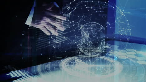 animation of digital data processing over globe and caucasian businessman using screen