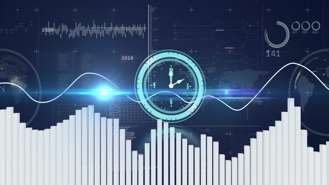 Animation of digital graphs and world map with clock and data visualization