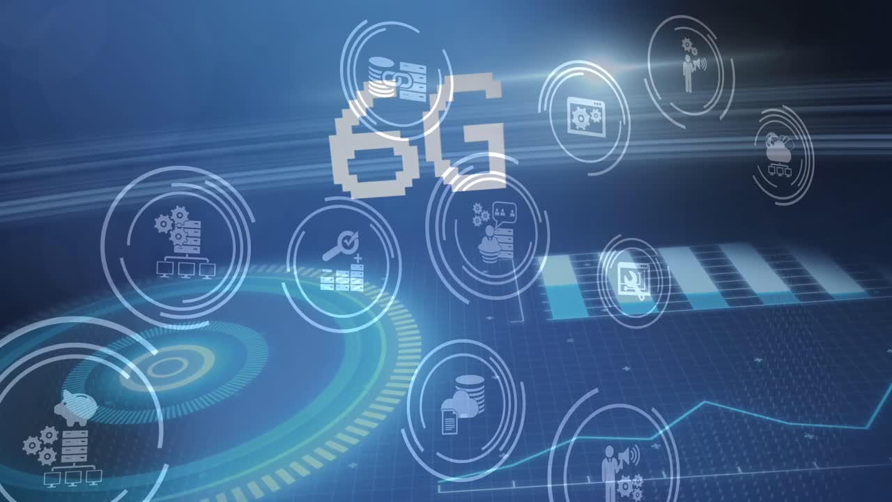 어두운 배경에 차트와 비즈니스 아이콘과 함께 6g 텍스트와 반 ⁇ 이는 인터페이스의 애니메이션