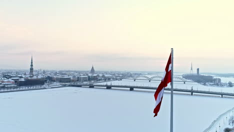 Corrientes-De-Bandera-Letona-En-La-Brisa-Junto-Al-Río-Daugava-Congelado,-Riga