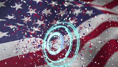 animation of rotating safe lock and red, white and blue confetti falling over waving american flag