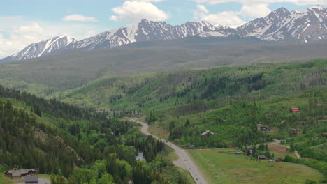 Medium-aerial-view-of-beautiful-Colorado-mountain-range-with-snow-capped-peaks-on-a-sunny,-blue-sky-day-in-the-summer-with-green-fields,-trees,-and-mountain-homes