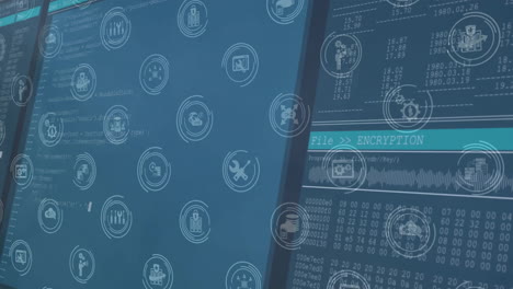 animación de iconos comerciales y procesamiento de datos en fondo azul