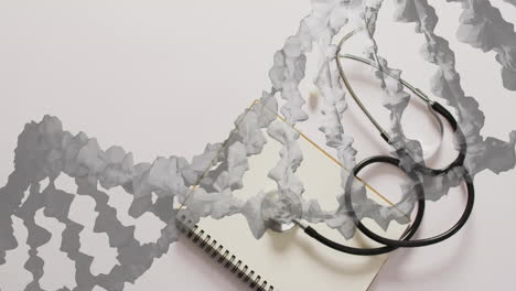 Animation of dna strand and stethoscope on white background