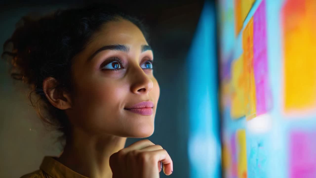 A woman contemplating deeply as she gazes at a colorful display of sticky notes, reflecting on ideas and plans in a creative workspace, captured in two expressive frames that highlight her thoughtful demeanor