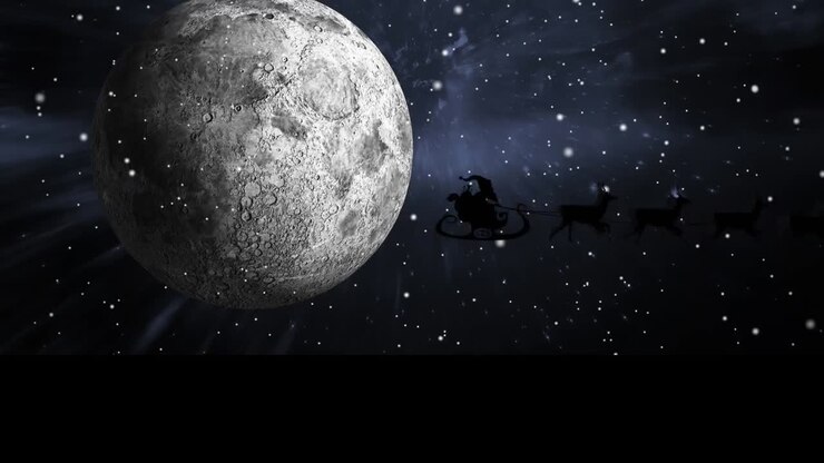 Animação do Papai Noel em trenó com renas passando sobre lua e estrelas