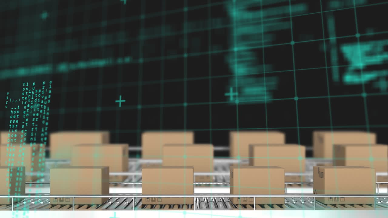 animación del procesamiento de datos en múltiples cajas en cinta transportadora contra un fondo negro