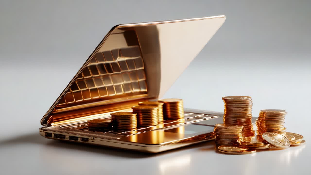 A Stunning Golden Laptop with Rising Coins Representing Digital Wealth and Financial Growth, Showcasing a Unique Blend of Technology and Prosperity in a Modern, Minimalistic Setting