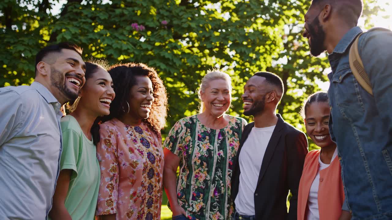 A diverse group of friends laughing outdoors, captured from a low-angle