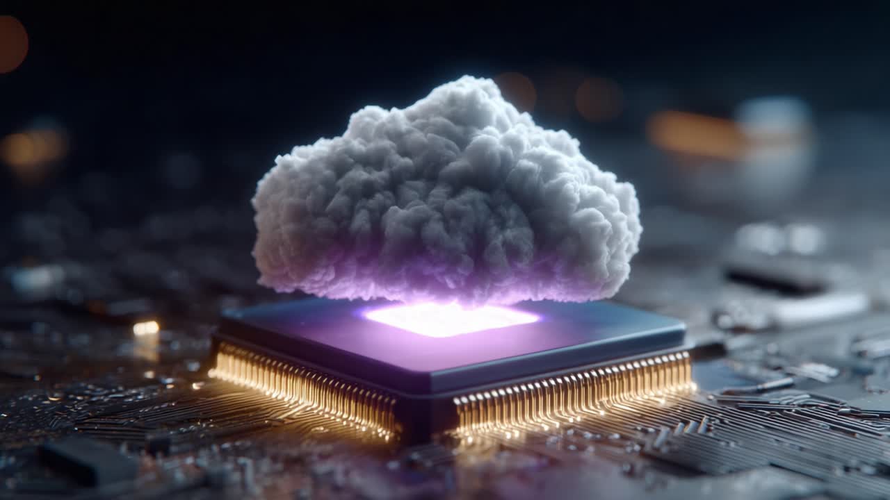 A digital processor under a cloud of data, representing the interplay between technology and cloud computing in a visually stunning futuristic design