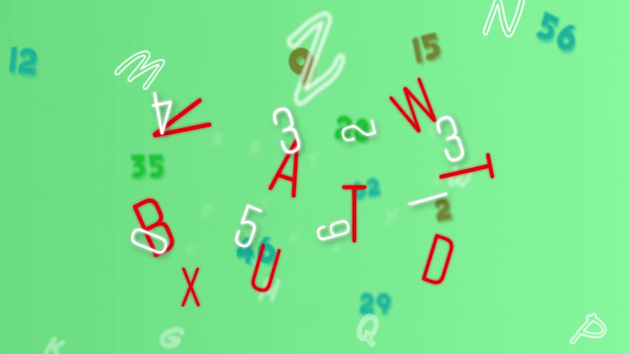 Digital animation of multiple changing numbers and alphabets against green background