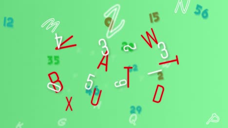 digital animation of multiple changing numbers and alphabets against green background