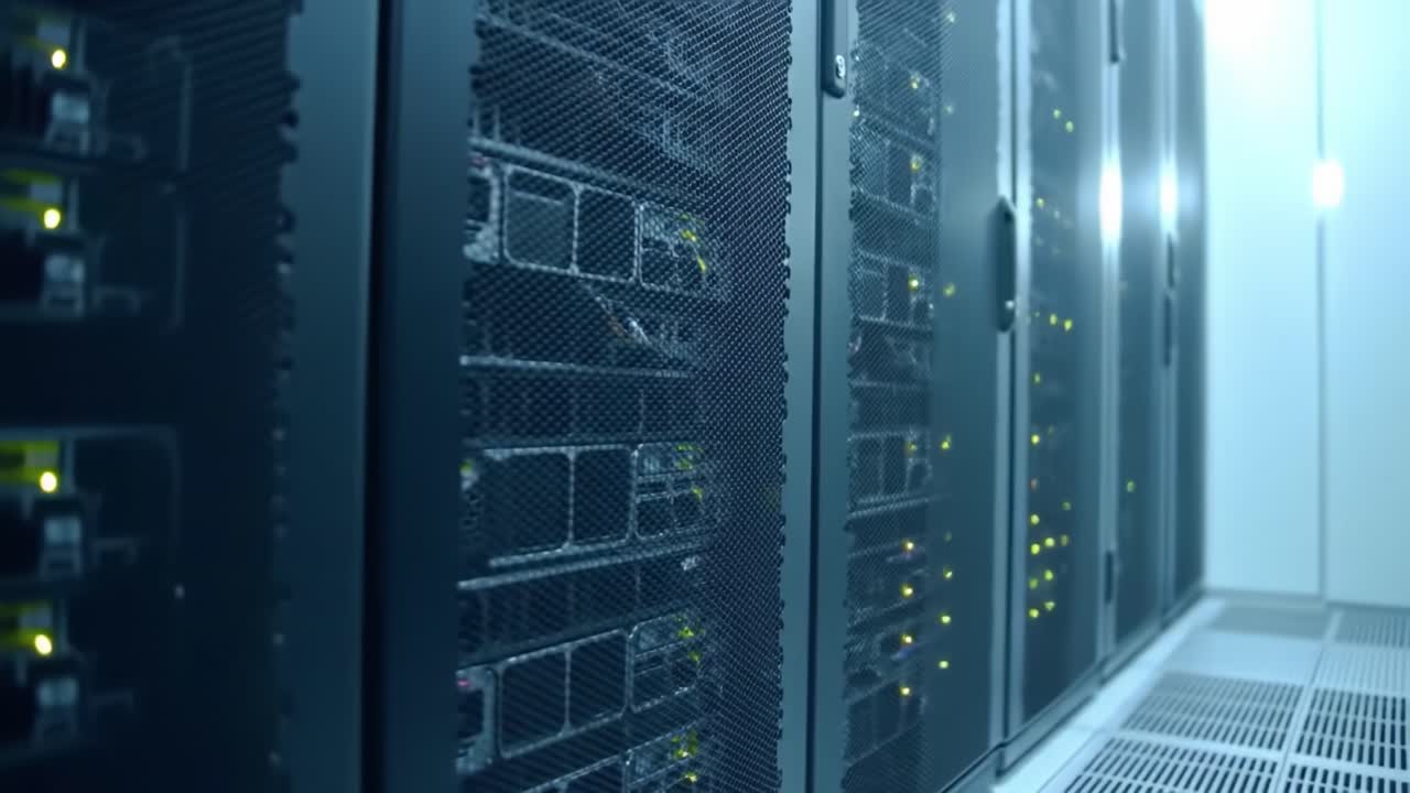 Servers line a sleek, modern room filled with blinking lights, showcasing advanced data storage technology. The environment is cool and sterile, emphasizing efficiency and reliability in operations.