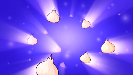 cebolla fresca moviéndose lentamente desde el brillo brillante en el fondo azul. animación de bucle 3d.