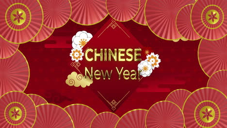 animation of chinese new year text over chinese pattern on red background