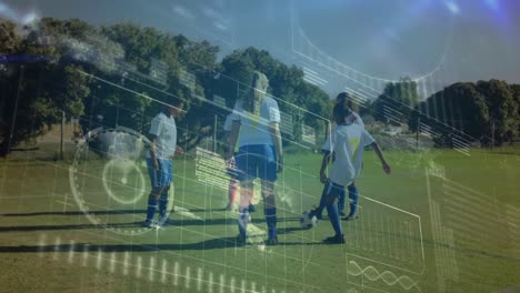 Animation-of-data-processing-over-diverse-boys-and-girls-playing-soccer-outdoors