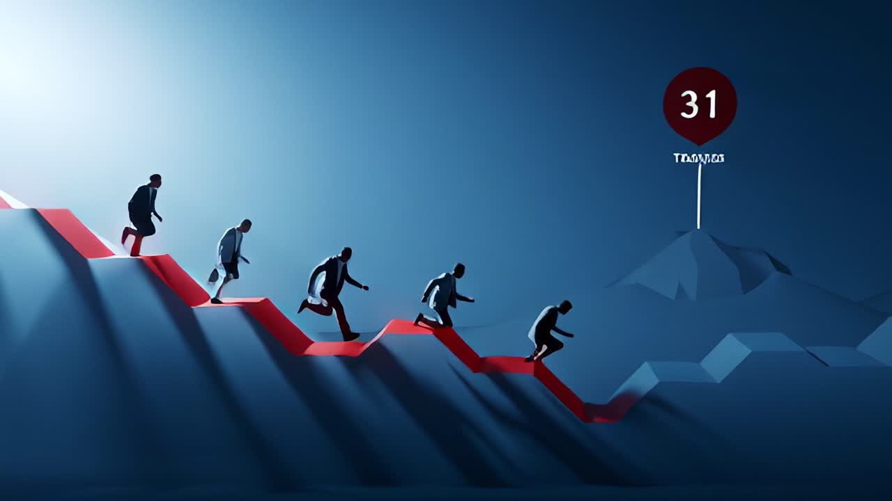 Dynamic Progression of Figures Ascending a Red Graphical Staircase Symbolizing Growth, Advancement, and Transformation in an Abstract, Futuristic Landscape of Success and Achievement