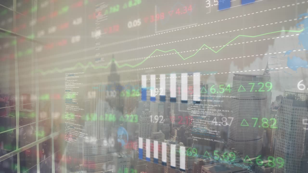 도시 풍경 위의 데이터 처리 애니메이션