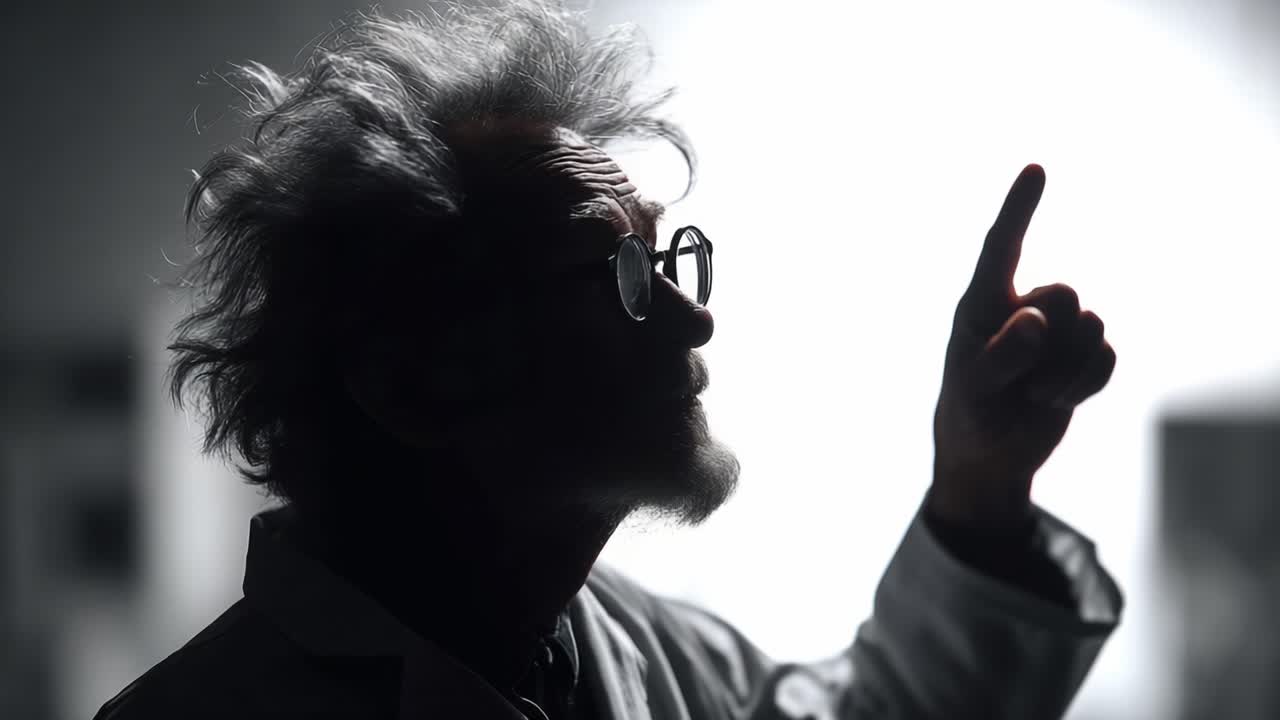 Ein genialer Wissenschaftler als Silhouette gestikuliert leidenschaftlich mit erhobenem Finger und verkörpert Inspiration und Neugier in einem Moment wissenschaftlicher Entdeckung