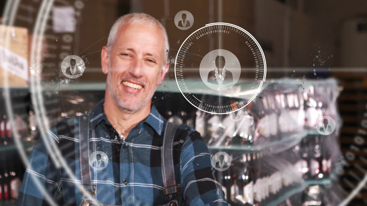 Smiling man in warehouse with digital network connections overlay animation