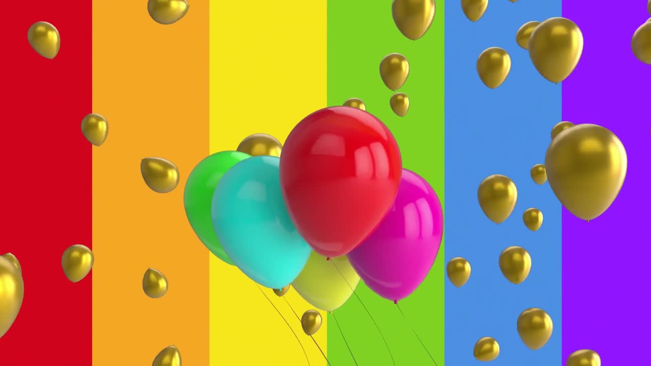animación de globos sobre el fondo del arco iris