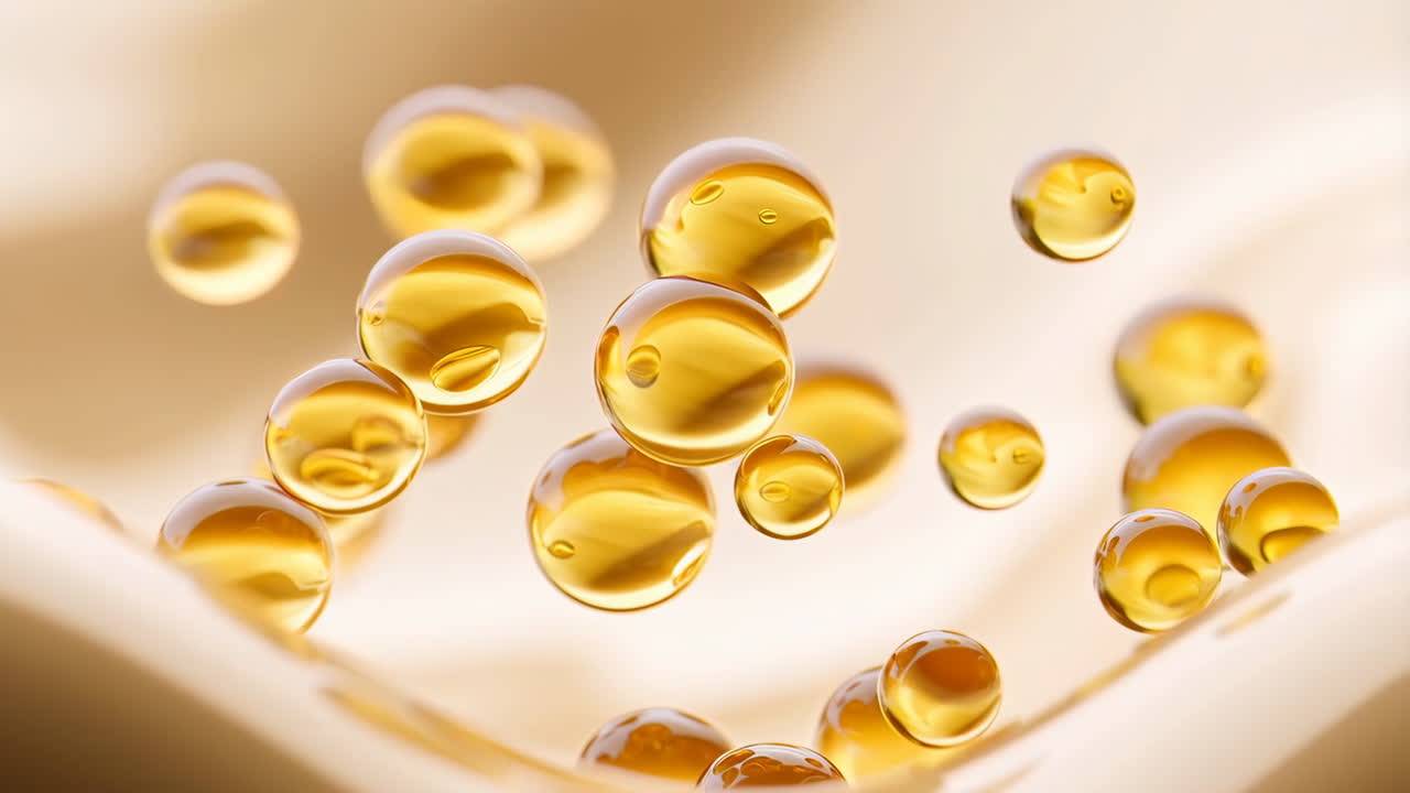 Golden Oil or Serum Droplets on Wavy Cream Background