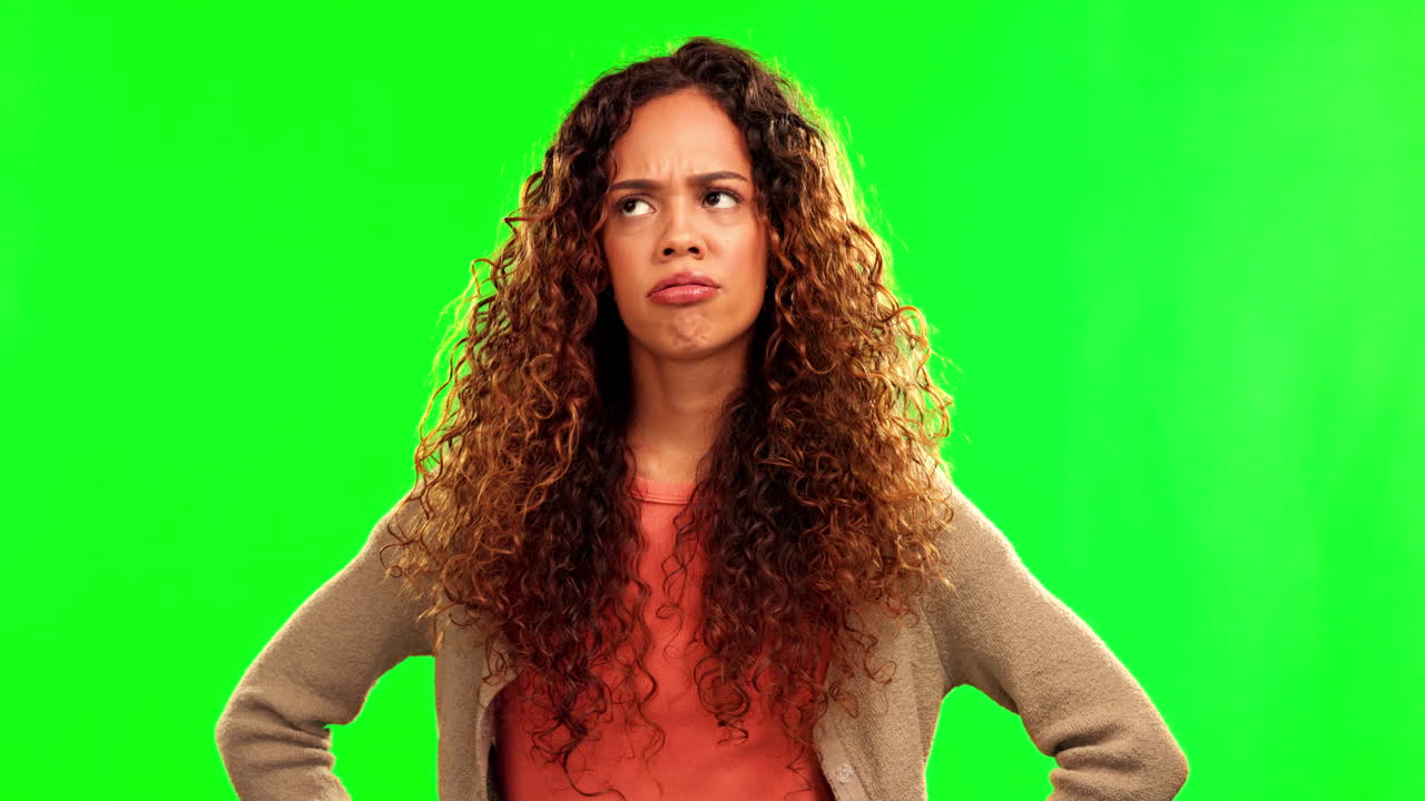 Thinking, green screen and annoyed woman