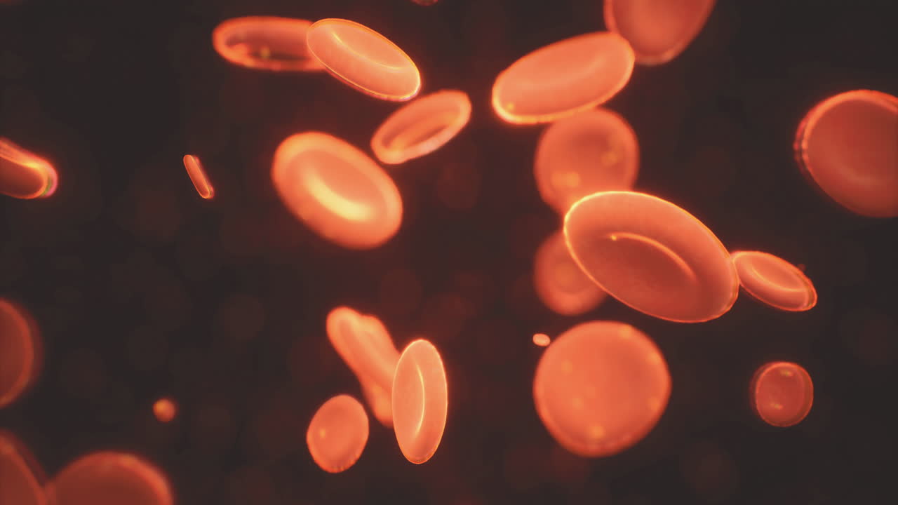 Red blood cells flowing through the bloodstream in a microscopic view