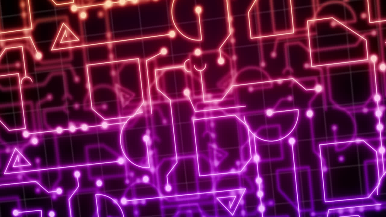 animación de formas de neón que se mueven sobre una red de conexiones