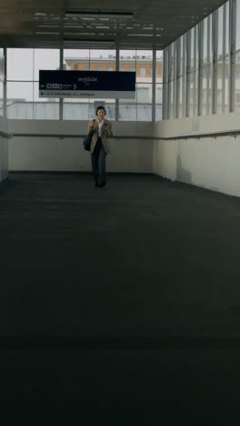 woman walking through an underground train station tunnel