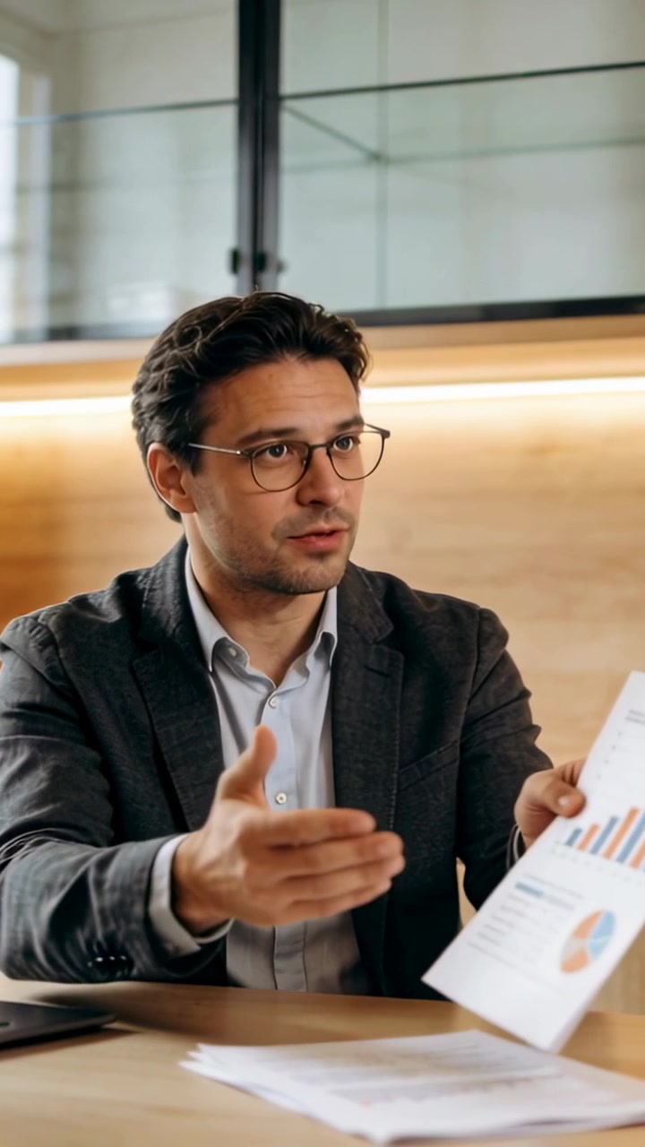 Vertical video: Leaning male exec in suit sliding charts at office table showing data with laptop