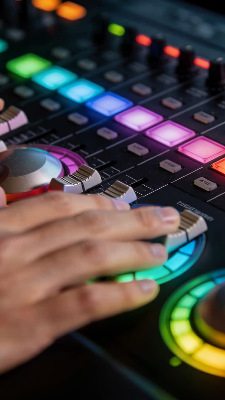 Video verticale: Mano di un DJ che muove la jog wheel nella cabina, toccando i pad e scorrendo il fader per regolare il mix.