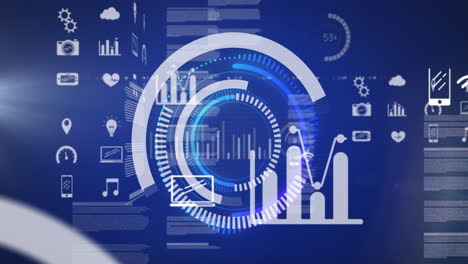 animation of scope scanning and data processing with digital icons over blue background