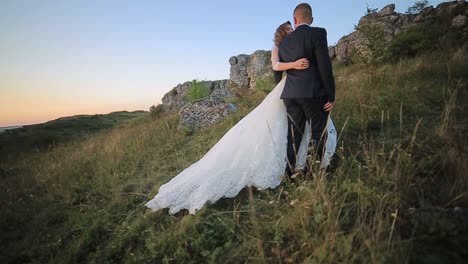 a bride and groom walking through a field of grass a bride and groom walking through a field of grass