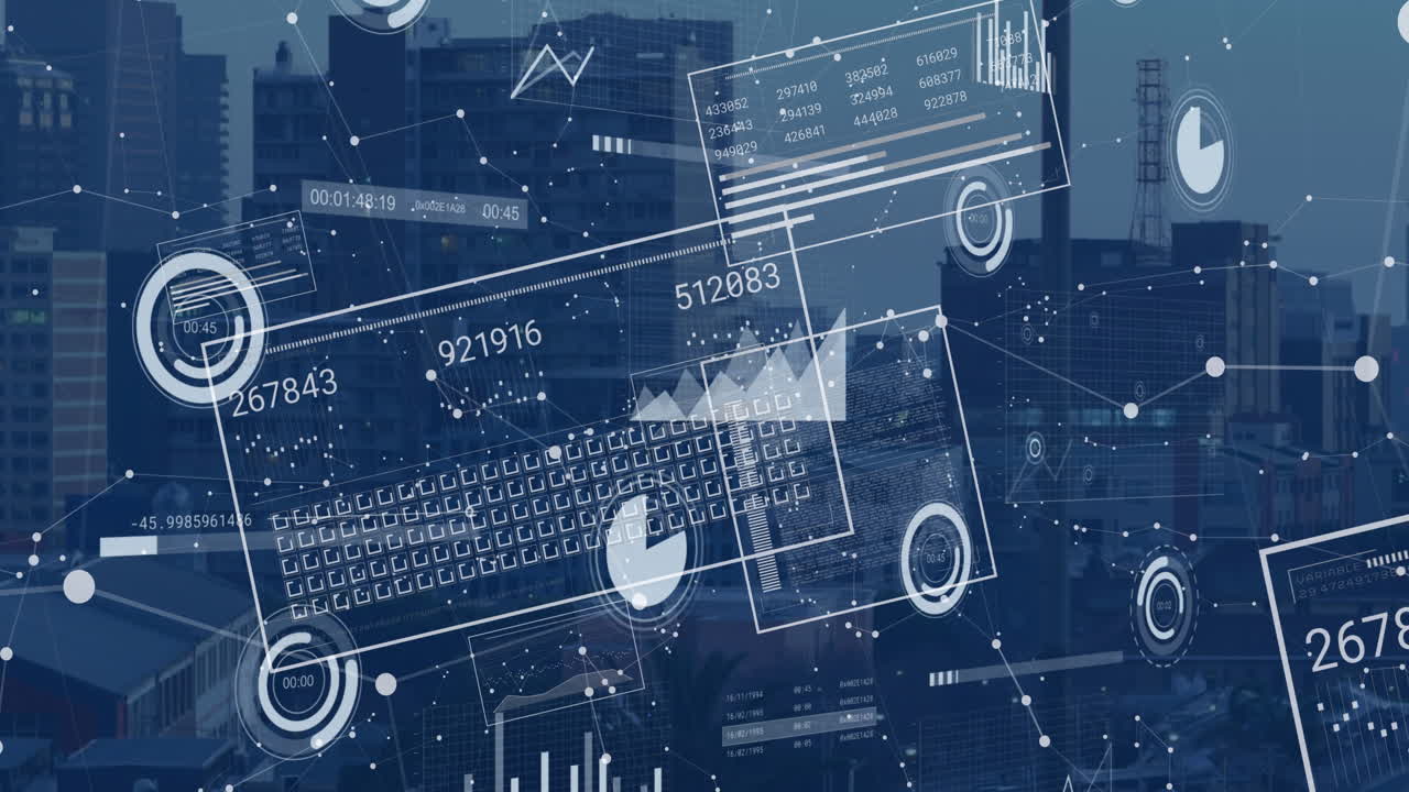 animación del procesamiento de datos financieros sobre el paisaje urbano
