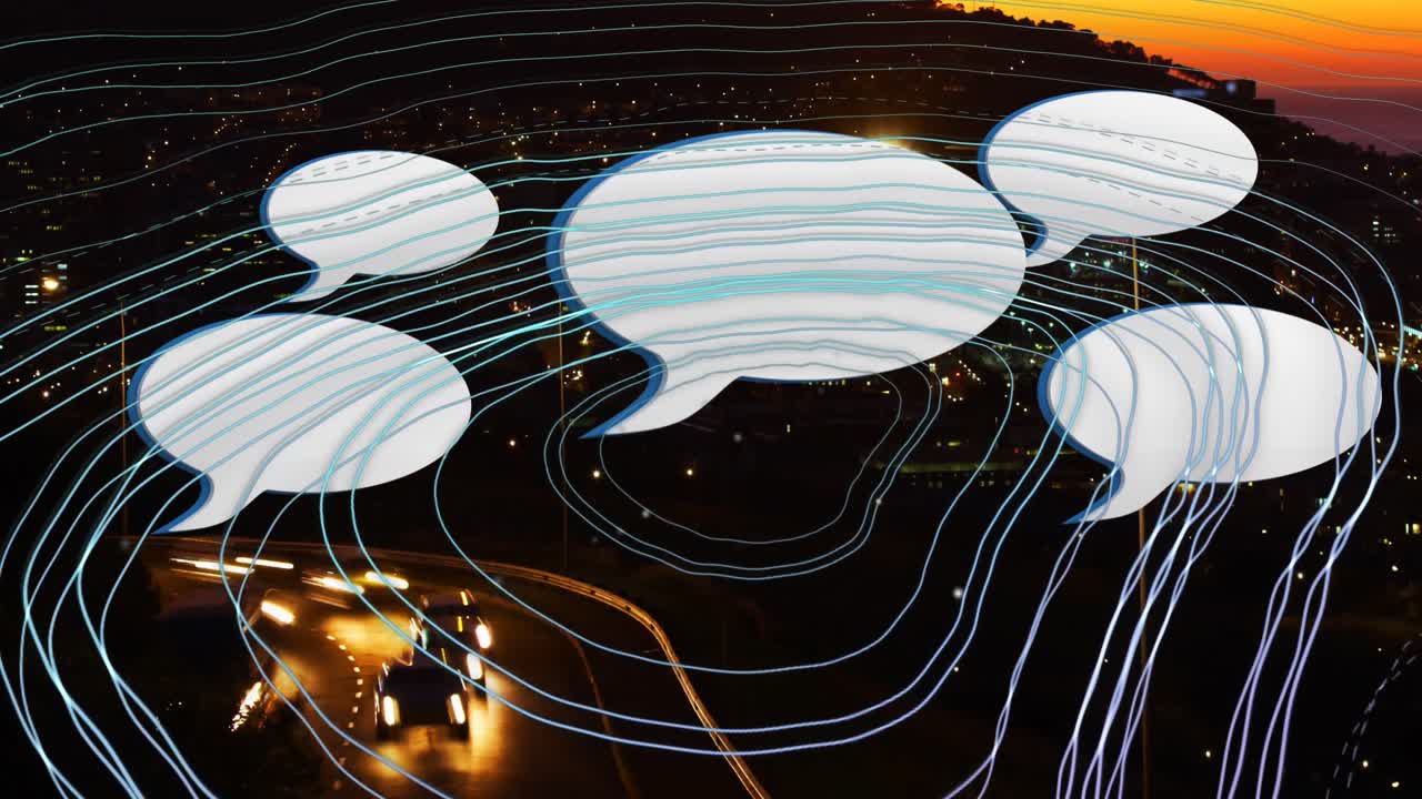 도시 풍경 위에서 움직이는 모양과 음성 거품의 애니메이션