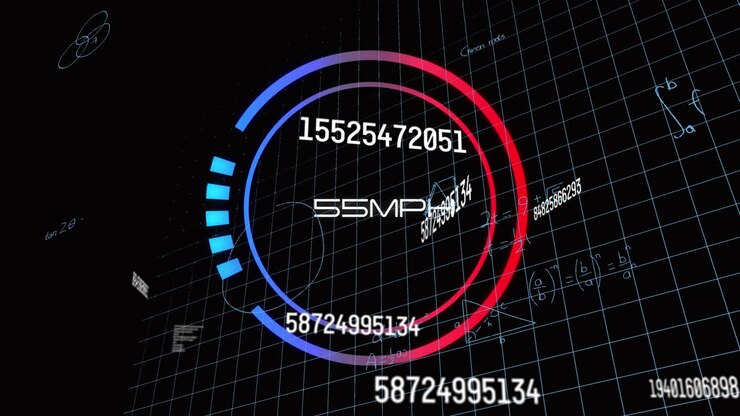 Animation of multiple changing numbers over speedometer against mathematical equations