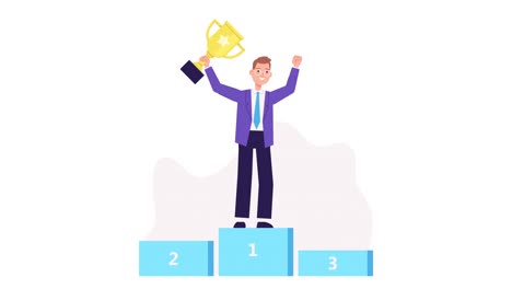 empresario con la copa del trofeo de oro. animación al estilo de dibujos animados. concepto de primer lugar, éxito, victoria, recompensa de campeón. logro empresarial, ganador de la competencia, celebración. trabajador de oficina feliz