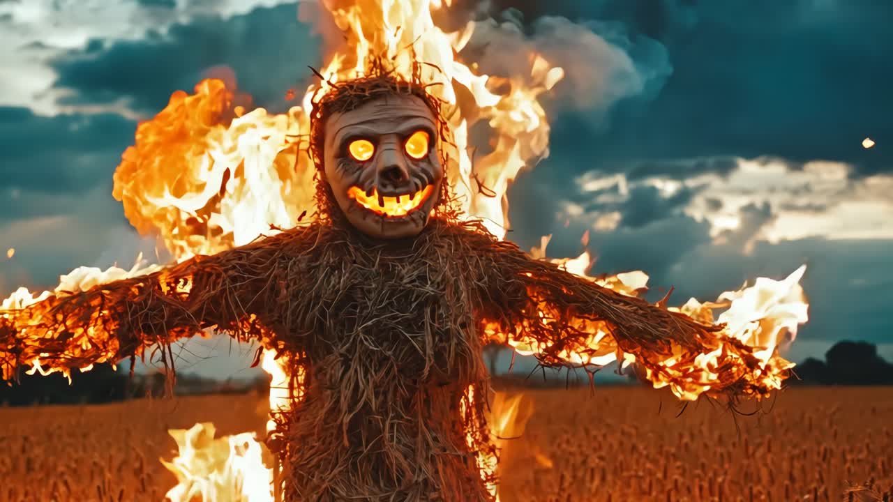 un espantapájaros en un campo de heno con llamas saliendo de él