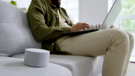 close up view of smart speaker on the sofa