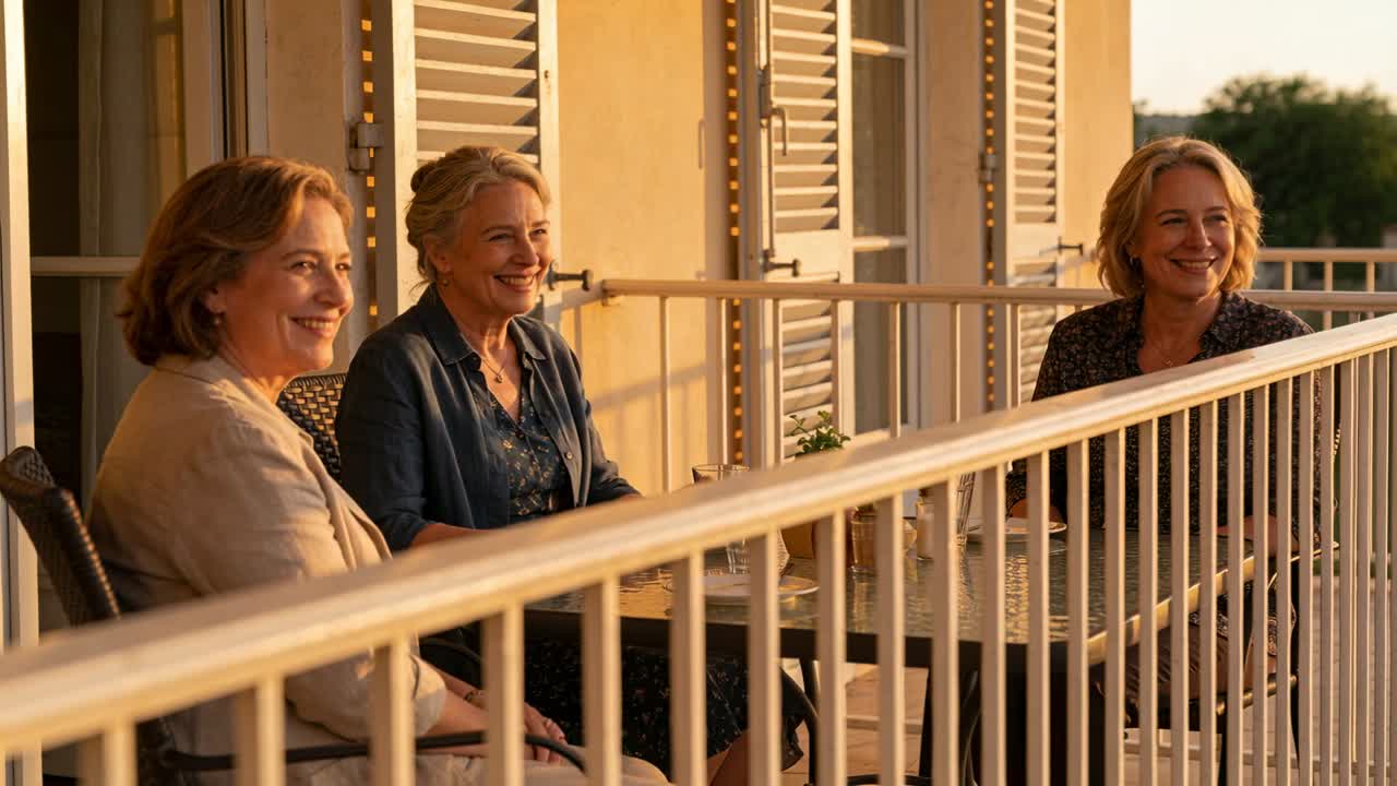 Notando un movimento fuori campo, tre anziani sorridenti chiacchierano su un balcone, indossando giacche, con una ringhiera.