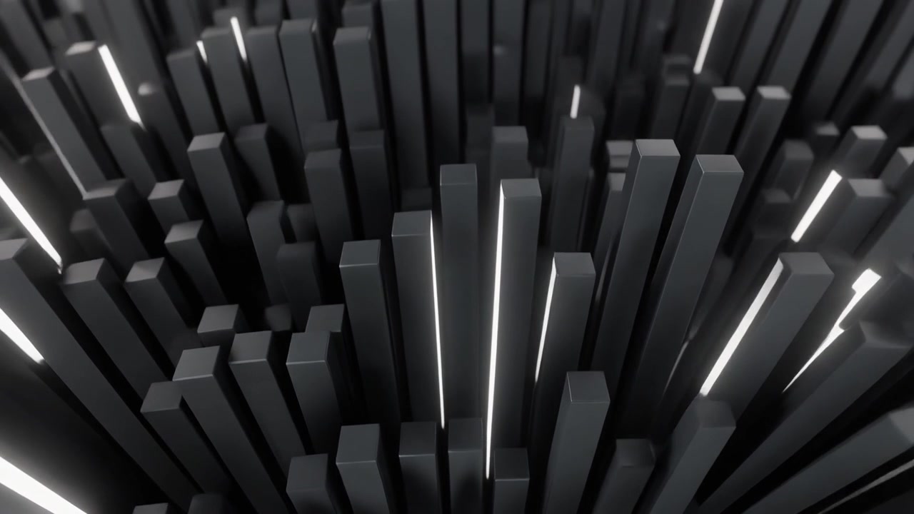 Abstract 3D Animation of Moving Dark Pillars with Glowing White Lights