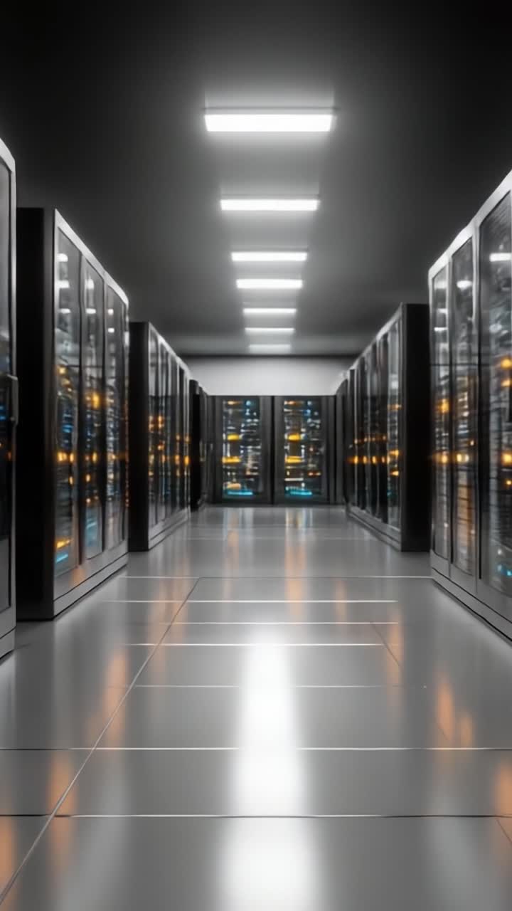 A Rear View of a Modern Data Center Featuring Rows of Server Racks Surrounded by Innovative Technology and Bright Fluorescent Lighting