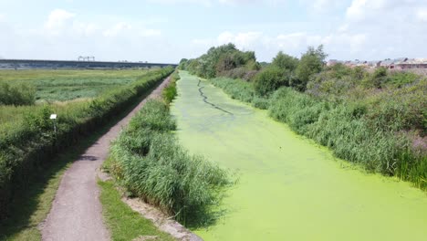 green algae covered countryside canal alongside new housing build site aerial view low to high reveal