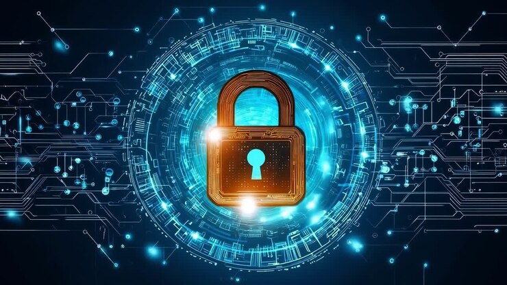 Digital lock cybersecurity. A digital lock is displayed against a blue circuit background, symbolizing online security and protection of data.