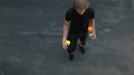 a man juggles three colored balls using both his hands and his feet