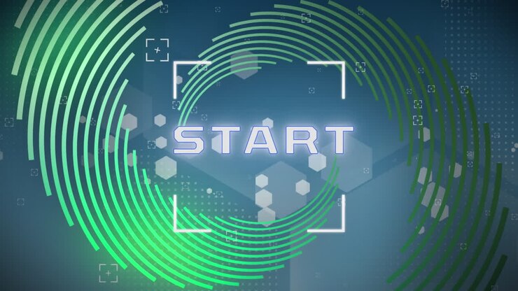 Animation of start text in white letters over green and blue abstract background