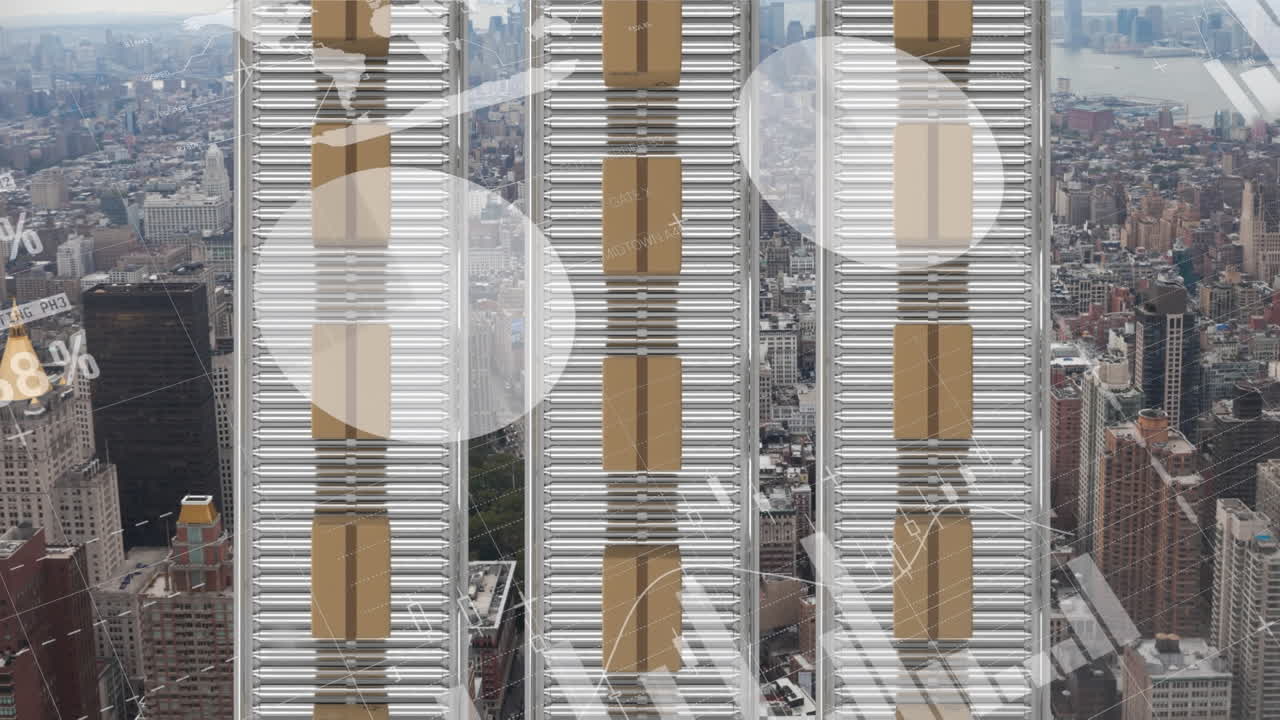 도시 풍경에 대한 컨베이어 벨트에 대한 배달 상자에 대한 통계 데이터 처리