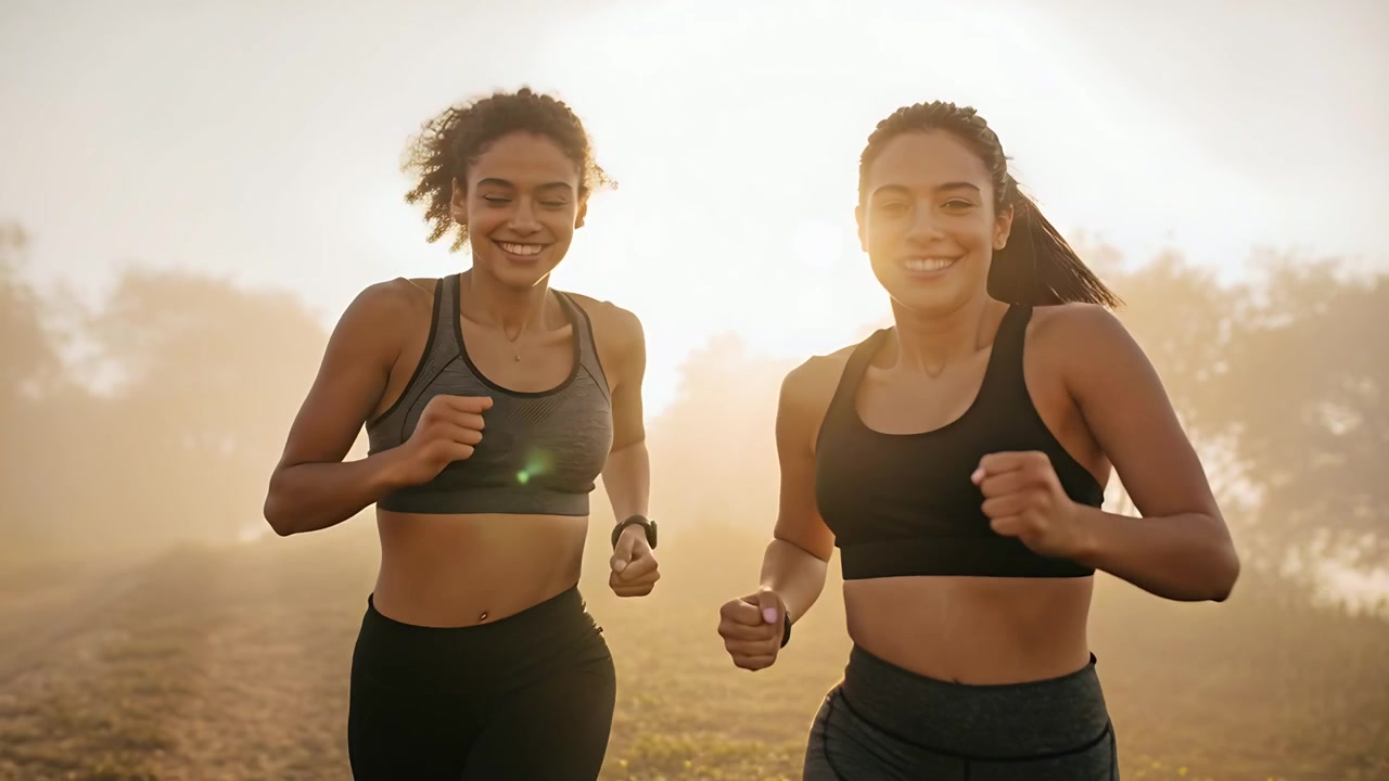 Dopo aver abbassato i pugni, due corridori in abbigliamento sportivo fanno jogging verso la telecamera su un pendio erboso, con orologi sportivi